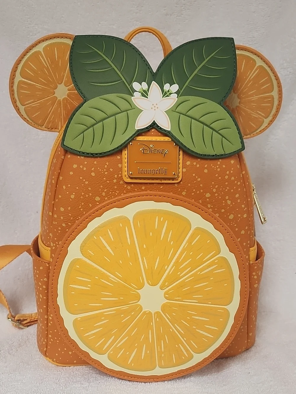 Loungefly Minnie Mouse Orange Citrus Mini Backpack with Green Leaf Bow Appliqué